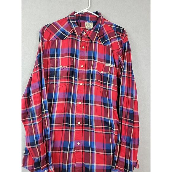 Lucky Brand 100% Cotton Red Blue Plaid LS Pearl Snap Western Shirt Men's XL - Picture 2 of 12